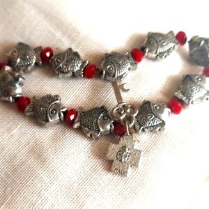 Vintage glass bead Alpha Omega Cross & chastity key Fish Silver bracelet